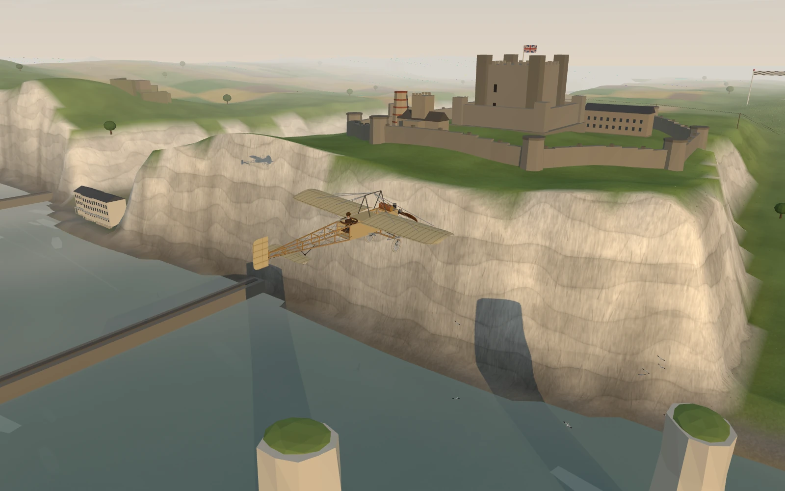 A Blériot XI flying beside Dover’s white cliffs, with Dover Castle above the coast, in History of Flights