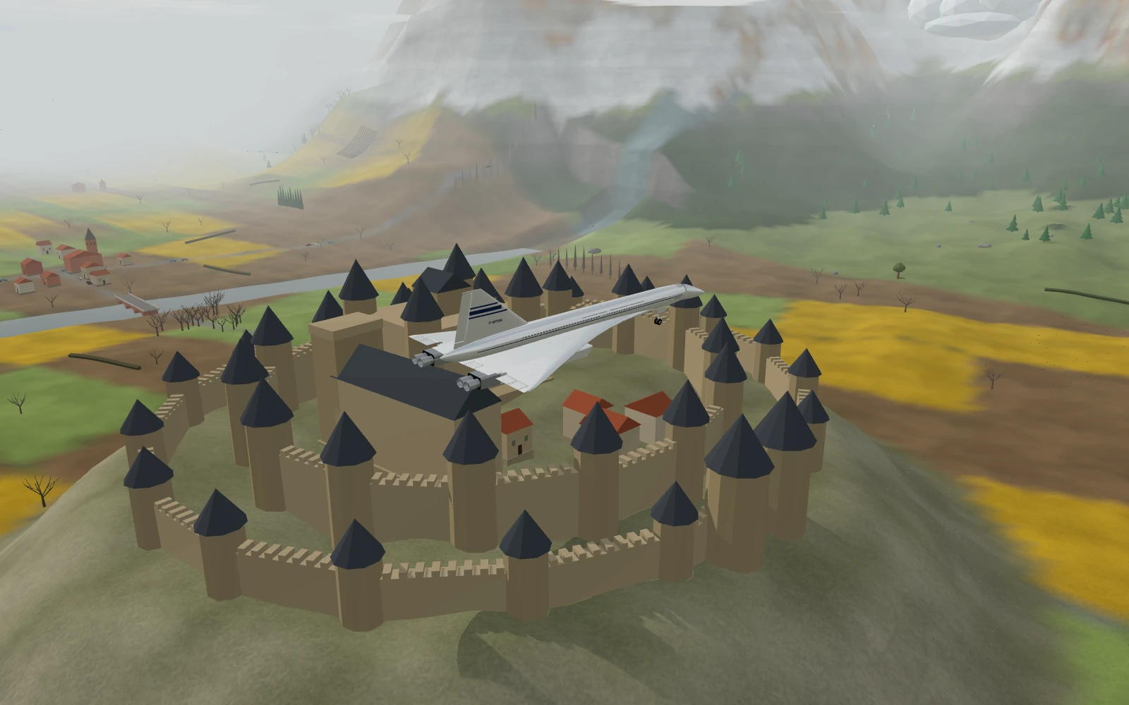 Concorde flying above the towers of Carcassonne, with fields, a river and mountains behind it, in History of Flights
