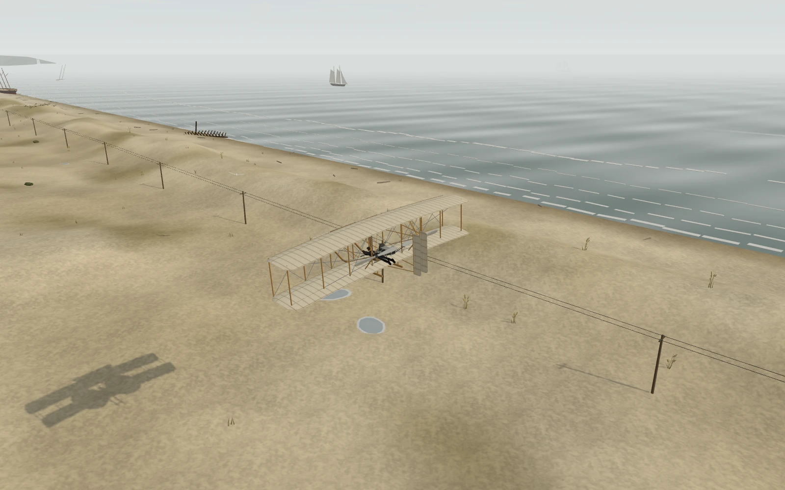 The Wright Flyer above the sandy Outer Banks coastline, with sailing boats offshore, in History of Flights
