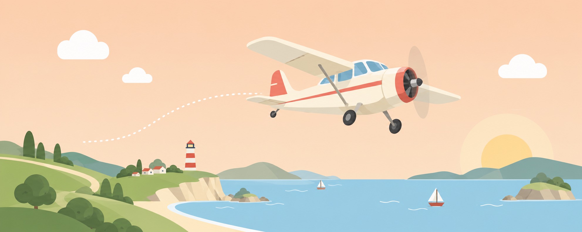 An illustrated propeller plane flying above a pastel coastline and lighthouse