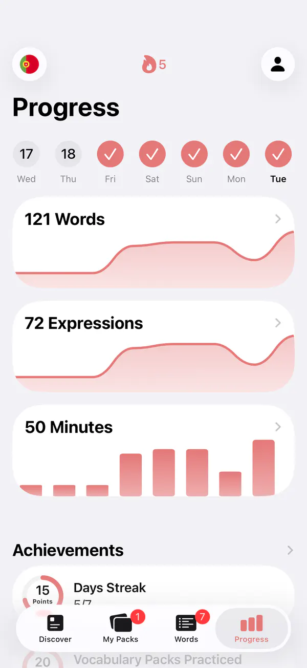 The Progress screen of LENGO with the streak and the words learned