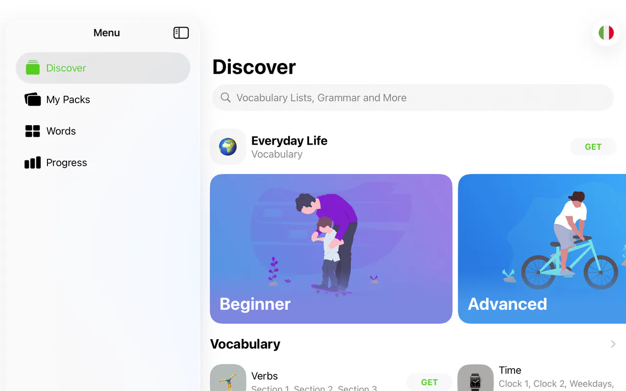 LENGO on a Mac, showing vocabulary and grammar packs