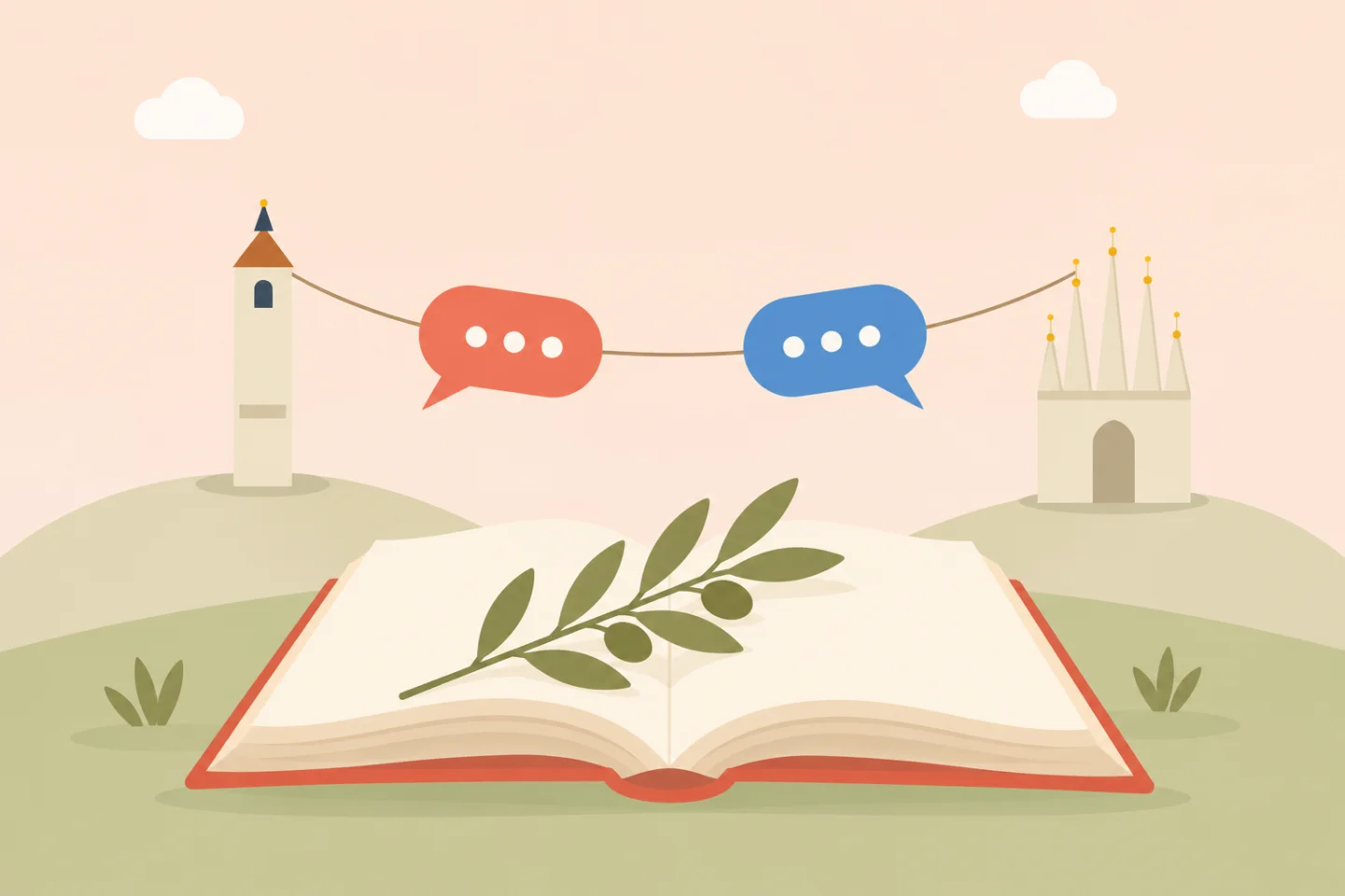 An open book and an olive branch beneath speech bubbles connecting two towers.