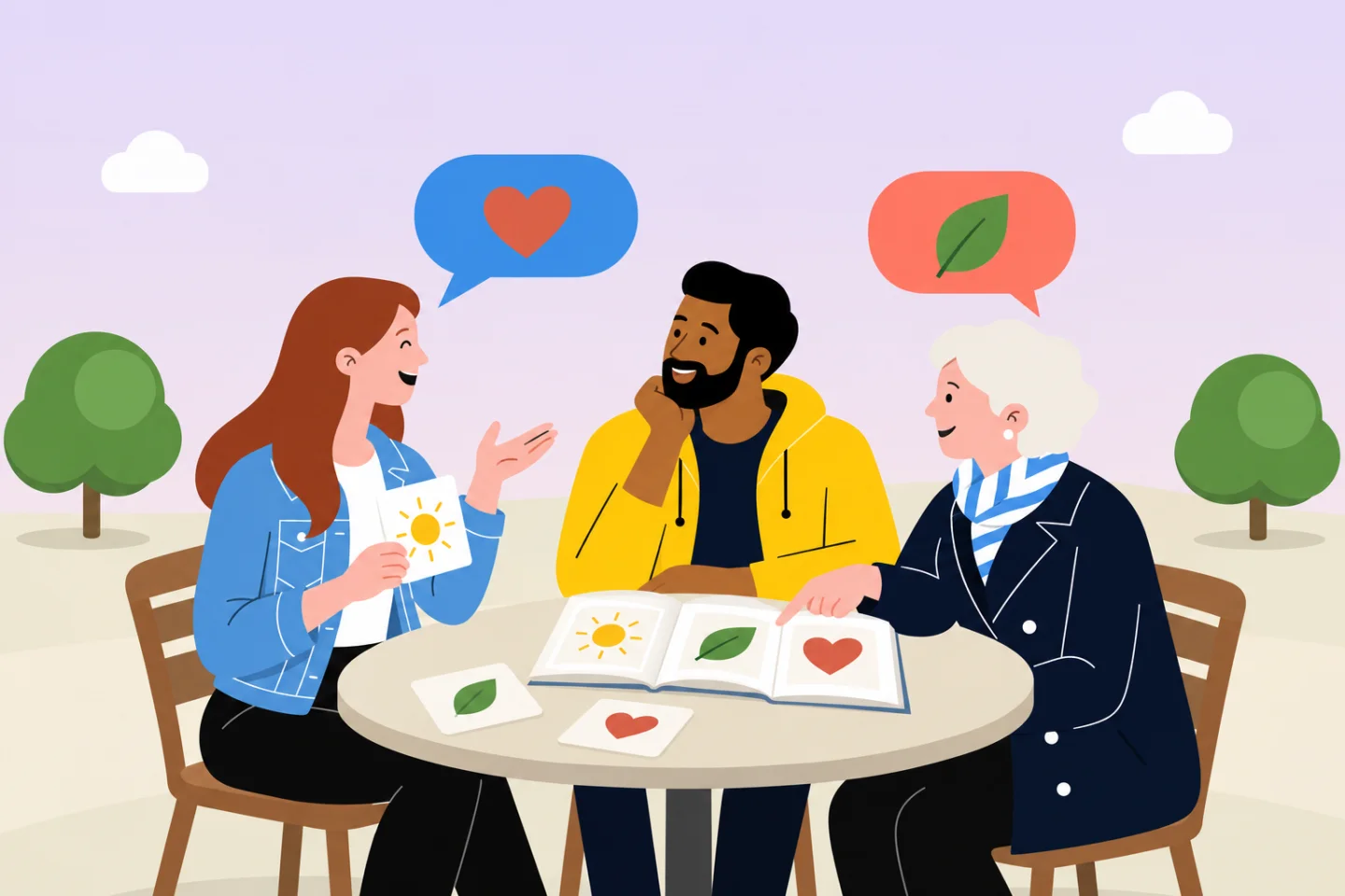 Three people learning together with an open book and picture cards.