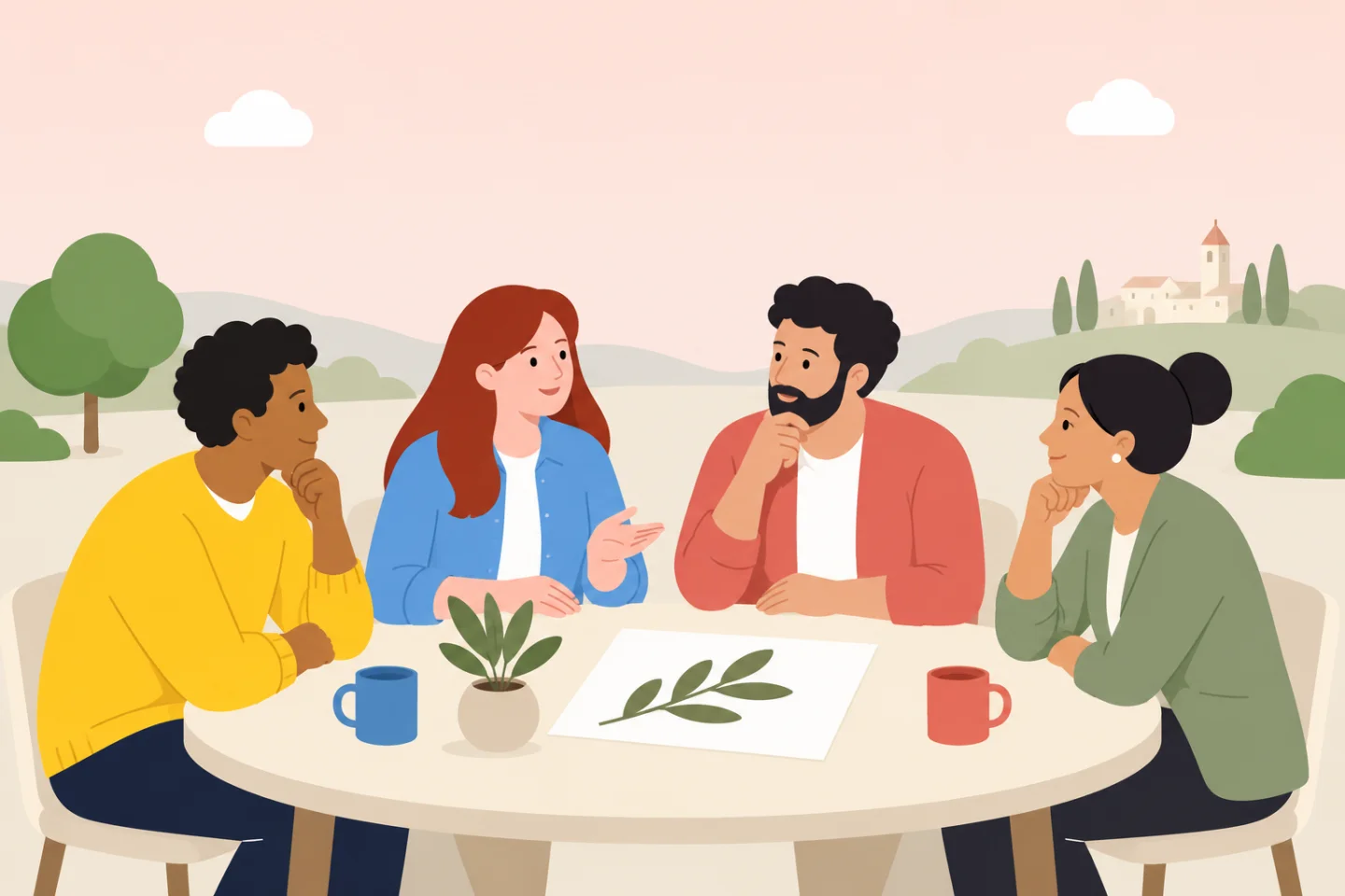 Four people listening to one another around a table with an olive branch illustration.
