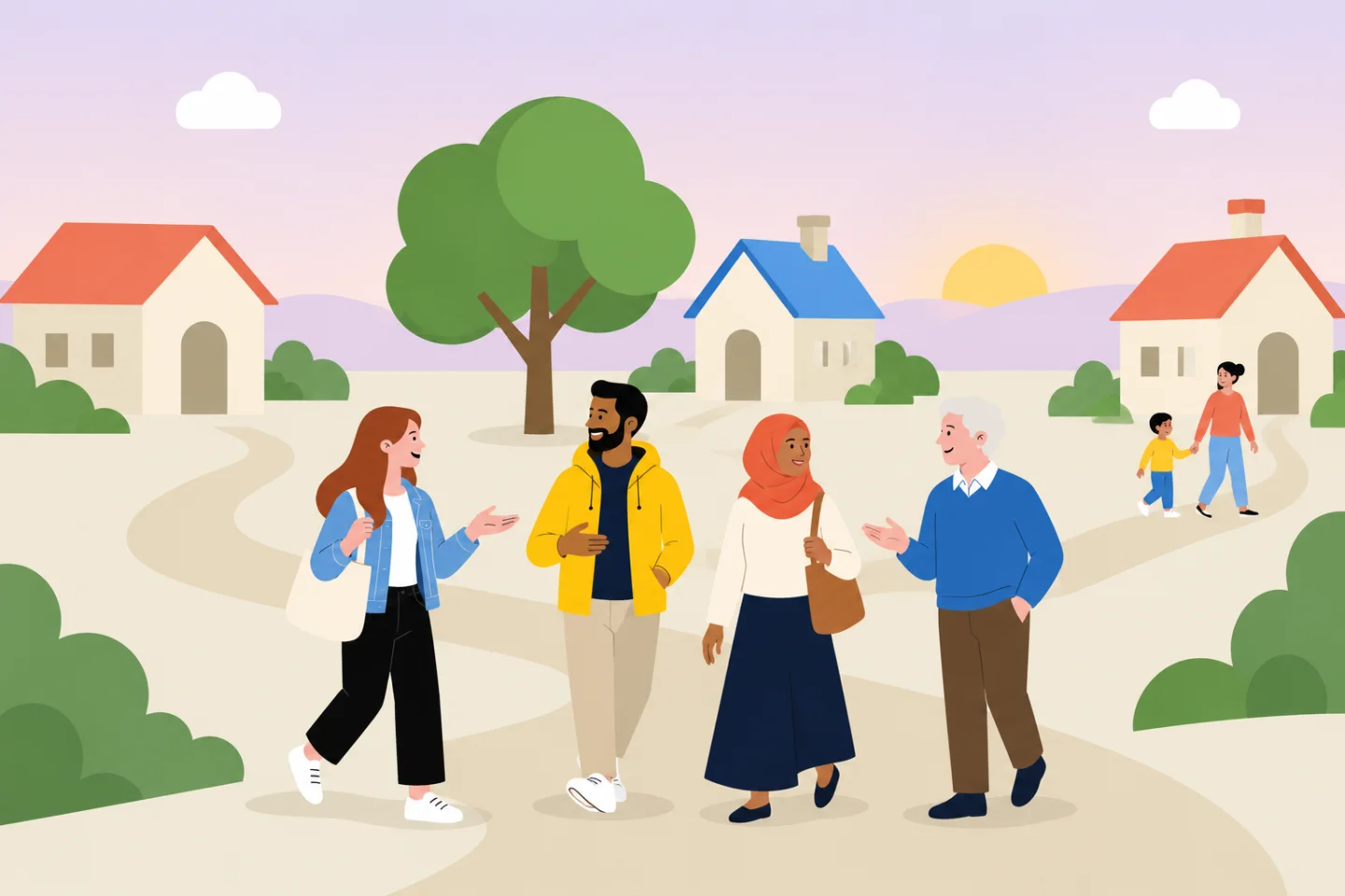 Neighbours talking and walking along paths that connect their homes.